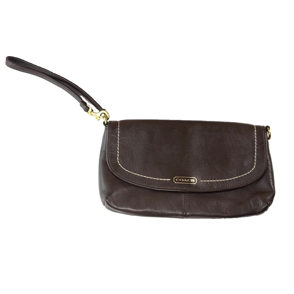 Coach Vtg Brown Leather Park Handbag Clutch Wristlet Pouch Stitching Mini Purse
